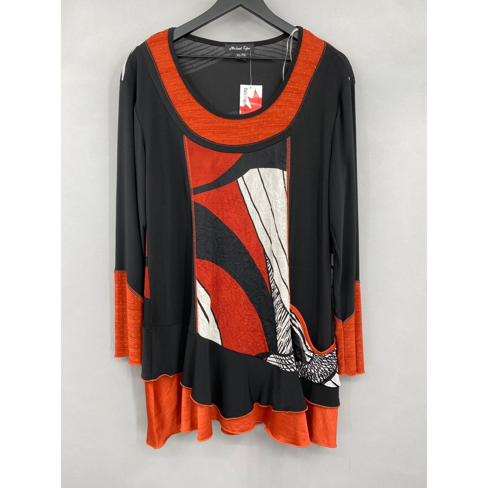 Michael Tyler Abstract Geometric Tunic Top Women XL NWT Art to Wear Studded Red
